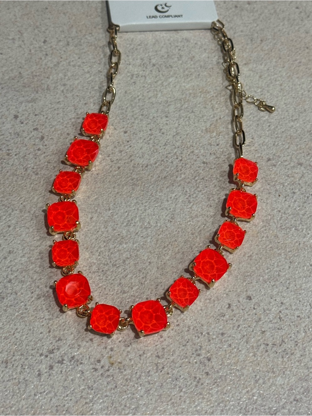 Gold Chain Necklace with Bright Orange-Red Faceted Stones